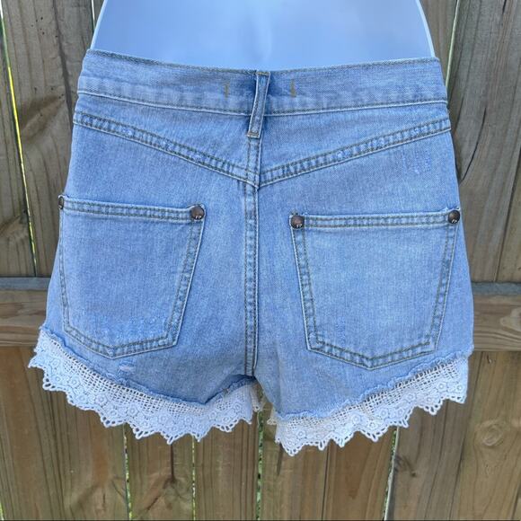Free People light blue denim distressed lace trim high waist shorts - Picture 2 of 6